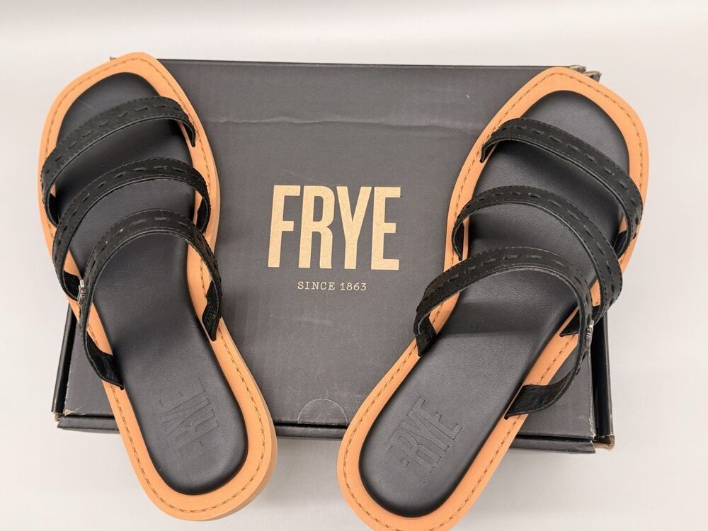 Frye Faye Slide Sandal Strappy Black Leather Open Square Toe Flat Size 8 NEW